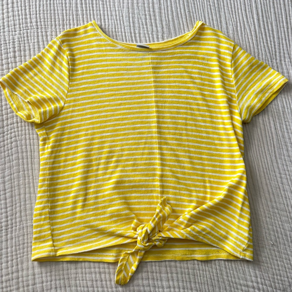 A NEW DAY, knit tie yellow stripe top, size L